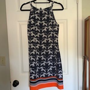 Navy and White Elephant Print Dress with Orange Trim